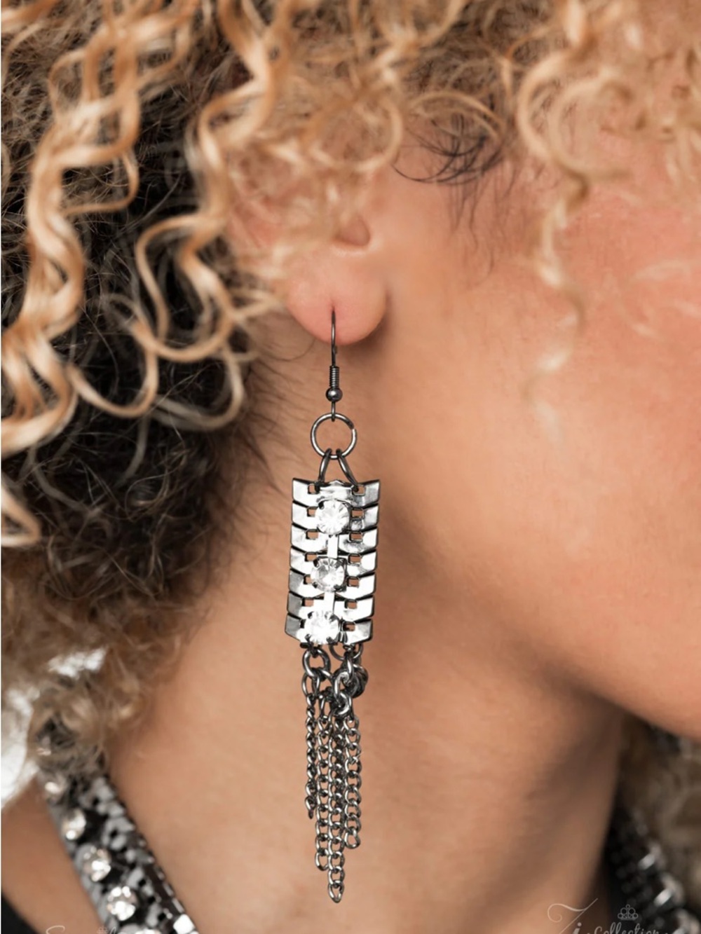 Sassy Statement Black Rhinestone Fringe Necklace & Earrings - Picture 2 of 4
